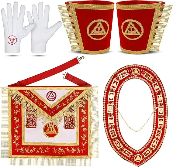 Masonic Royal Arch Complete Set, Hand-Embroidered Apron, Chain Collar, Gauntlet Cuffs, and Gloves