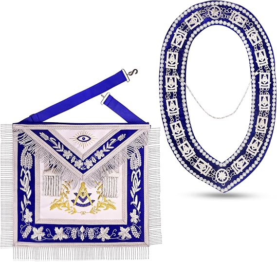 Masonic Regalia Past Master Blue Apron with Collar, Silver Hand Embroidered Bullion Decoration, Premium Quality