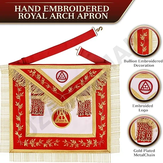 Masonic Royal Arch Complete Set, Hand-Embroidered Apron, Chain Collar, Gauntlet Cuffs, and Gloves
