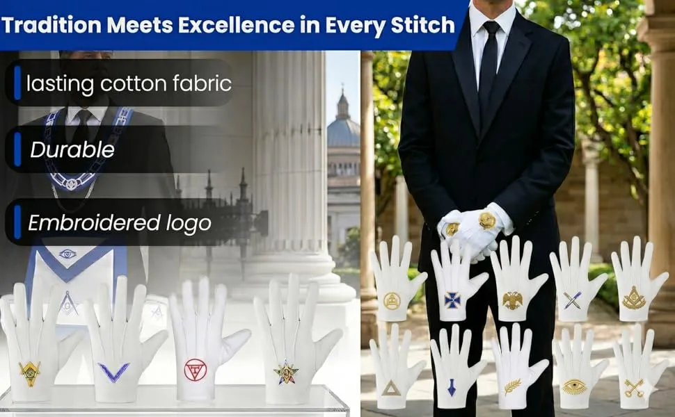 Masonic Royal Arch Complete Set, Hand-Embroidered Apron, Chain Collar, Gauntlet Cuffs, and Gloves