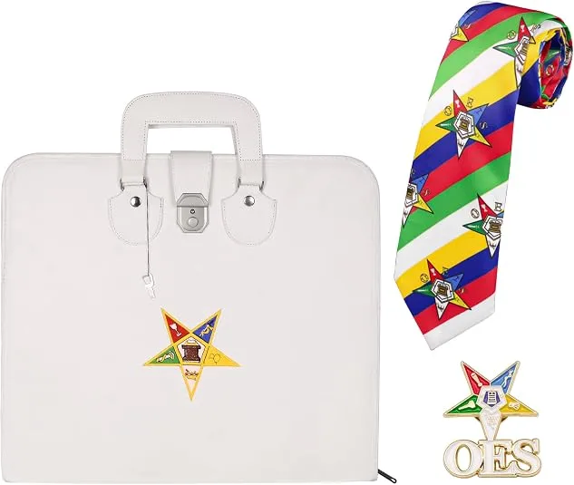 Masonic OES Apron Case, 16×18 Inch Faux Leather Bag with Embroidered Logo, OES Silk Tie and Lapel Pin Set