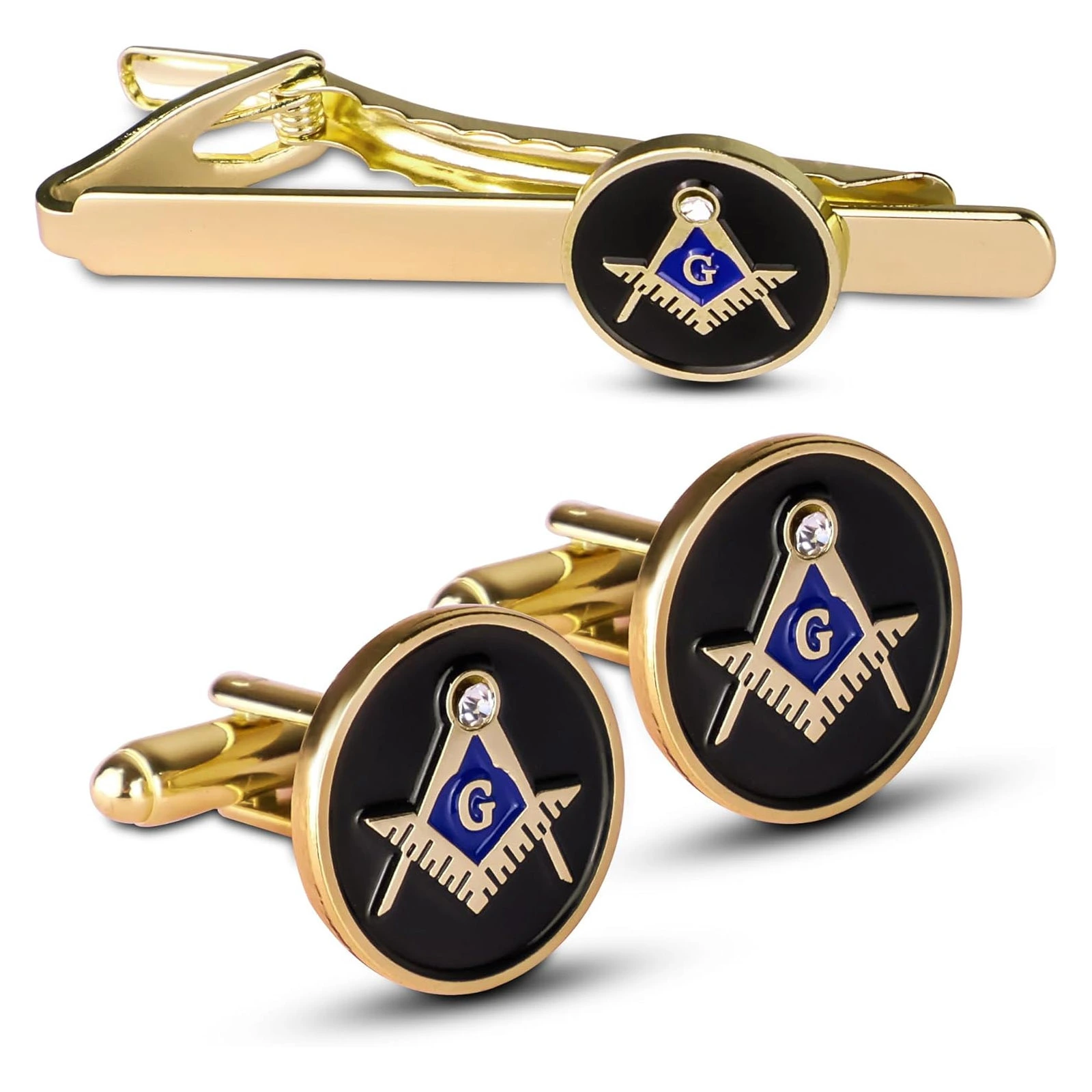 Masonic Craft Mason Square and Compass Black Metal Cuff Links and Tie Clip Set Fine Quality
