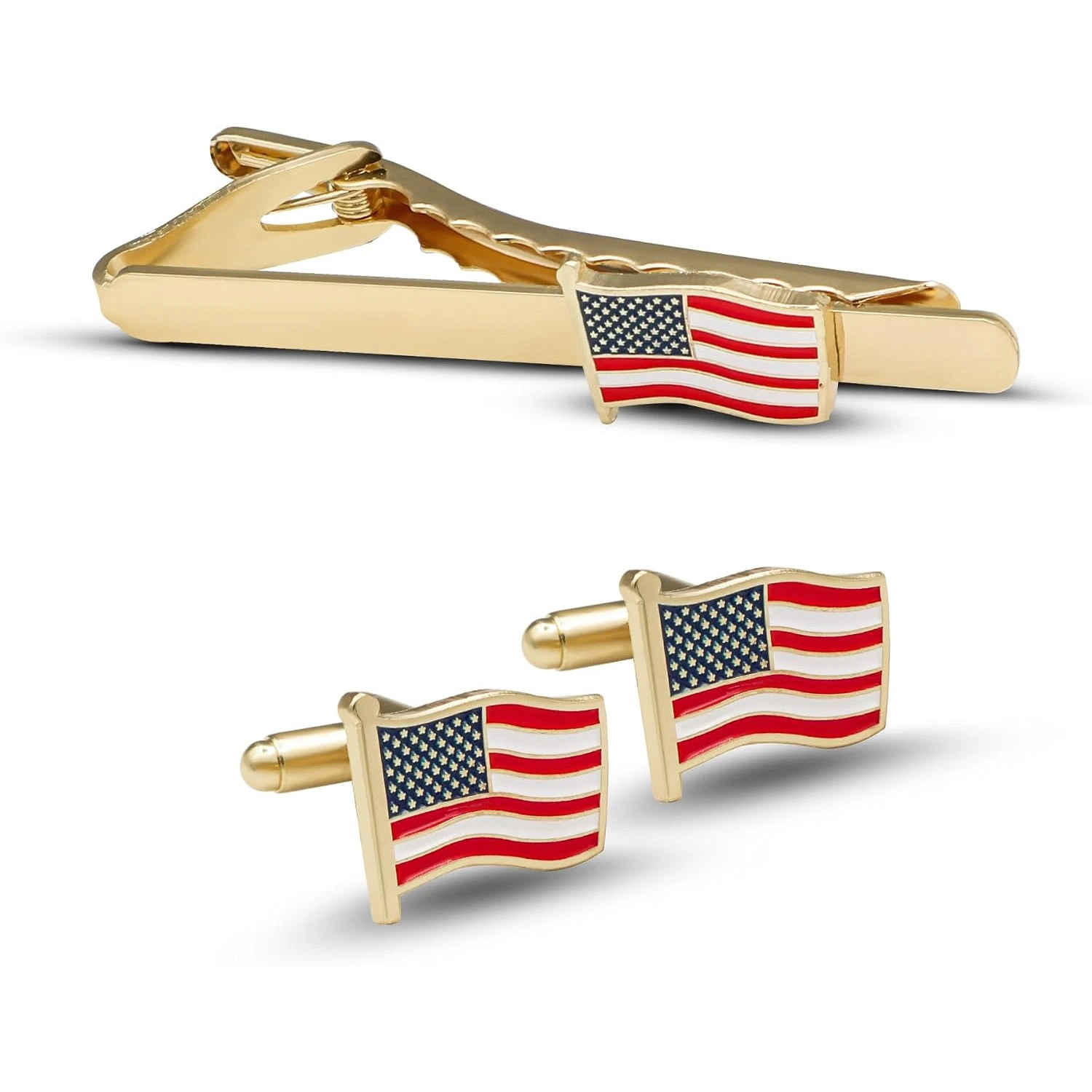 US Flag Cuff Links and Tie Clip Set, Patriotic Theme, Gift for Military, Weddings, Ceremonies, and Religious Events