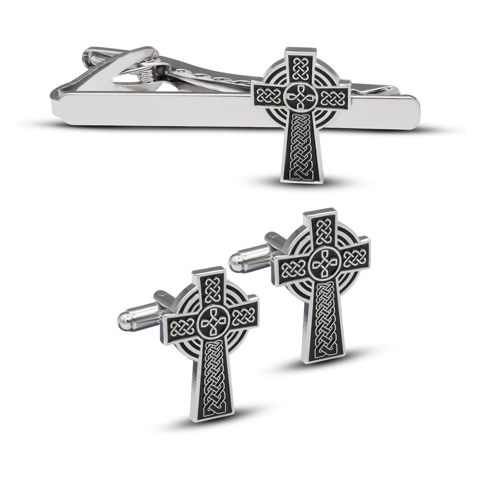 Celtic Cross Cufflinks and Tie Clip Set, Religious Theme, Gift for Military, Birthday