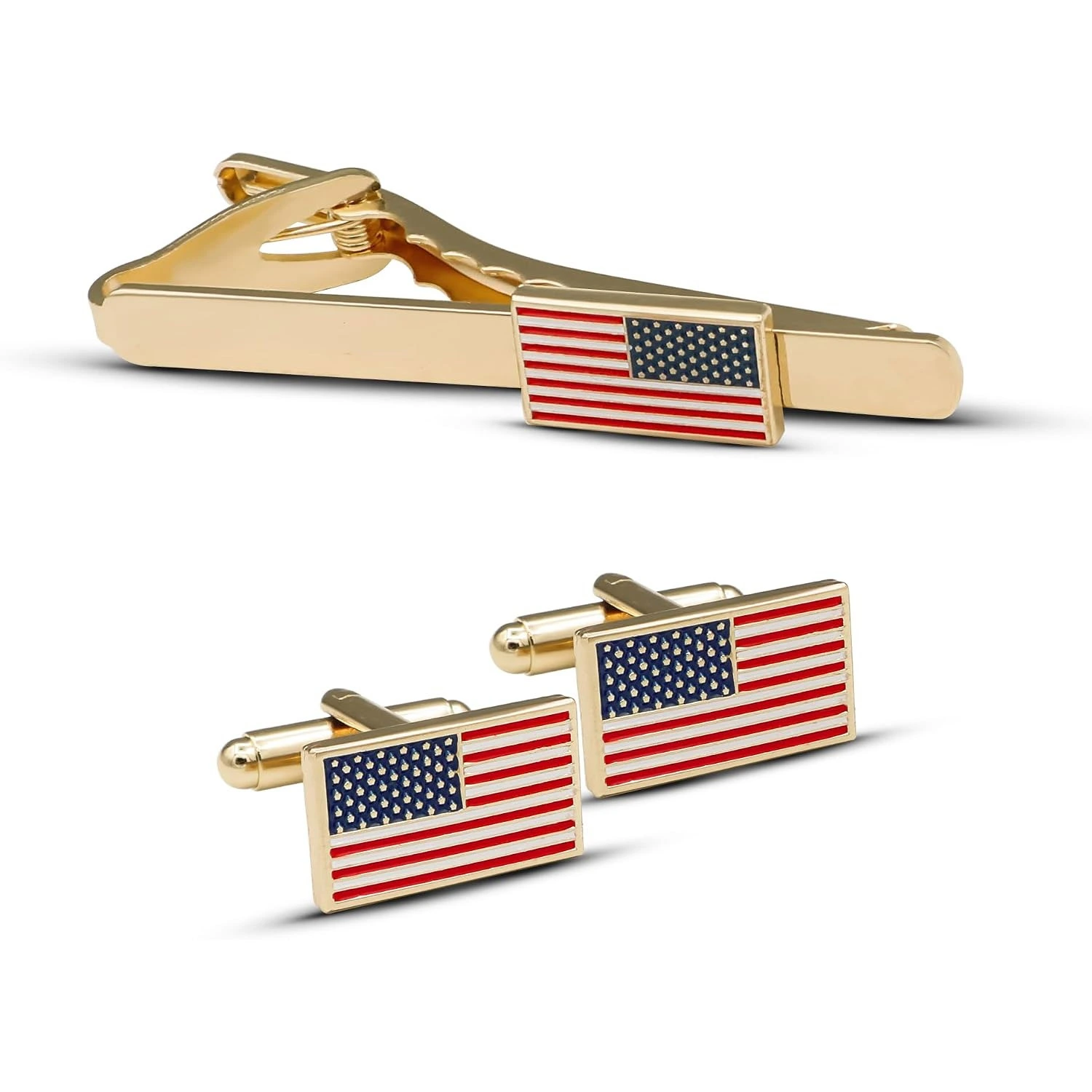 US Flag Cuff Links and Tie Clip Set, Patriotic Theme, Gift for Military, Weddings, Ceremonies, and Religious Events