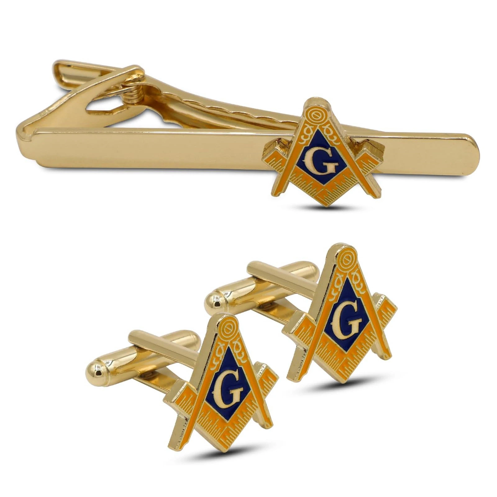 Masonic Craft Mason Square and Compass Blue Gold Metal Cuff Links and Tie Clip Set