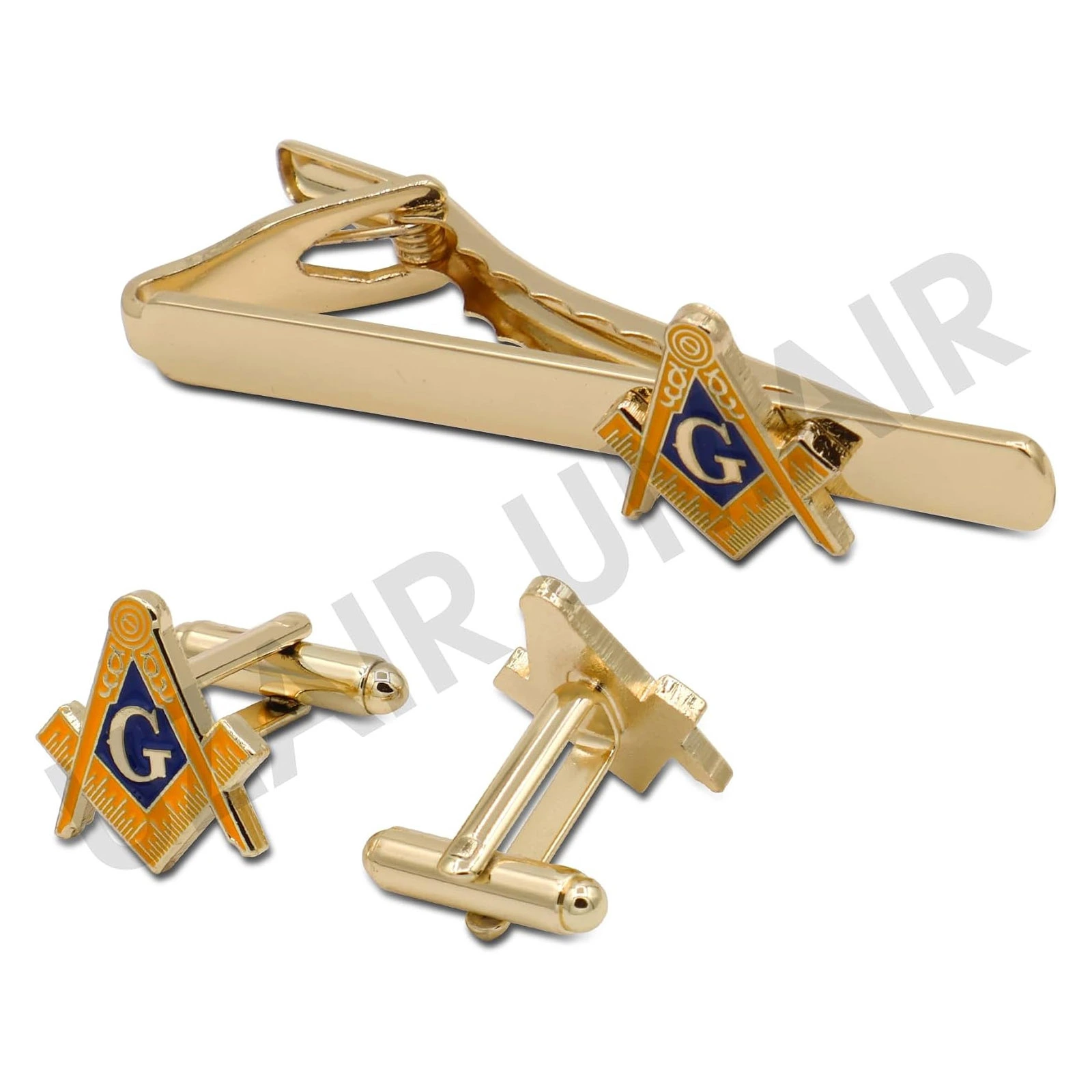 Masonic Craft Mason Square and Compass Blue Gold Metal Cuff Links and Tie Clip Set