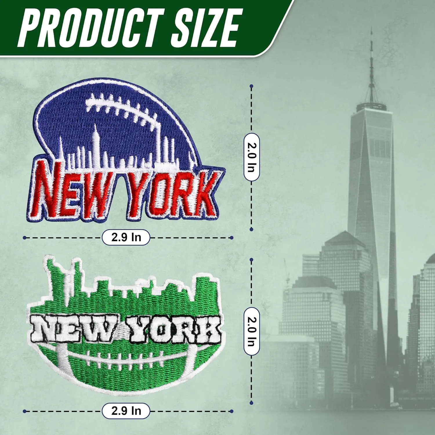 2 Pcs New York Rugy Shape Green Blue 2.55 Inch Iron on sew on Embroidered Patches Set