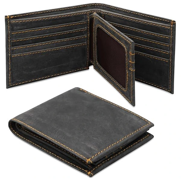 Top Grain Leather Bifold Wallet with ID Window, Extra Pockets, 9×3.5 Inch, Gift for Mom, Sister, Brother, Friend, Husband, Wife, Black
