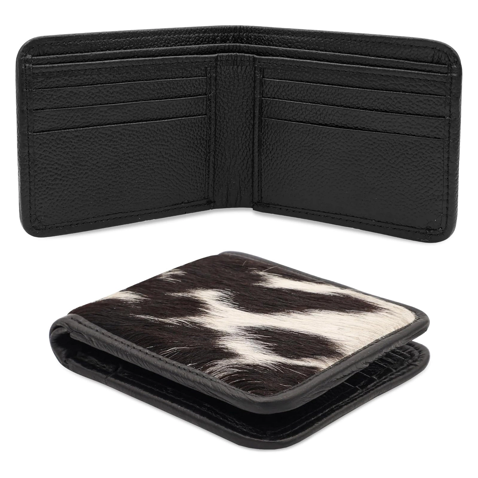 Bifold Cowhide Wallet, Natural Leather Hair, Multicolour, 9×3.5 Inches, Extra Pockets Best For Gift Mom, Sister, Brother, Friend, Husband, wife (Black)