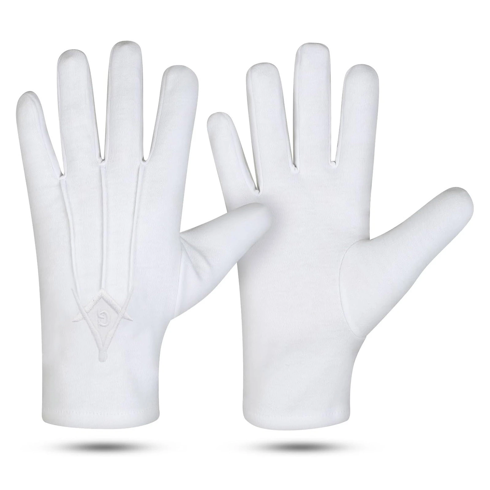 Masonic Regalia White Square & Compass Embroidered Gloves, 100% Cotton, Large, 2 Pair