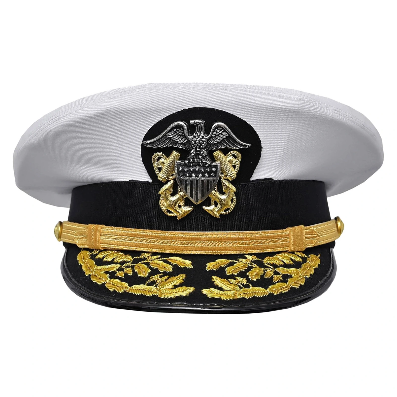 USA Navy Admiral White Cotton Removeable hat Gold Hand Embroidery peek Gold Chin Strap Metal Insignia