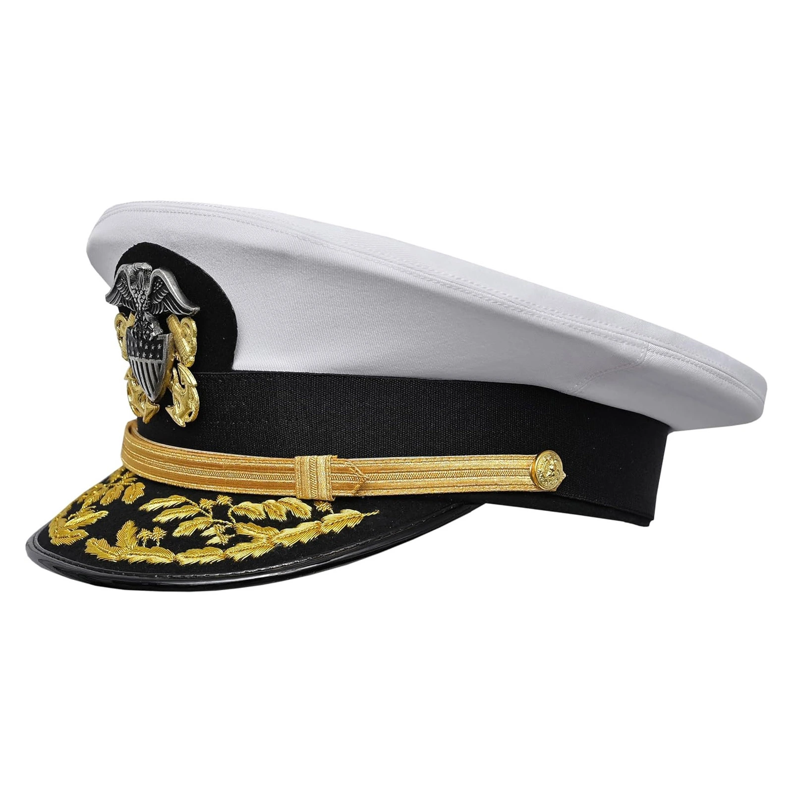 USA Navy Admiral White Cotton Removeable hat Gold Hand Embroidery peek Gold Chin Strap Metal Insignia