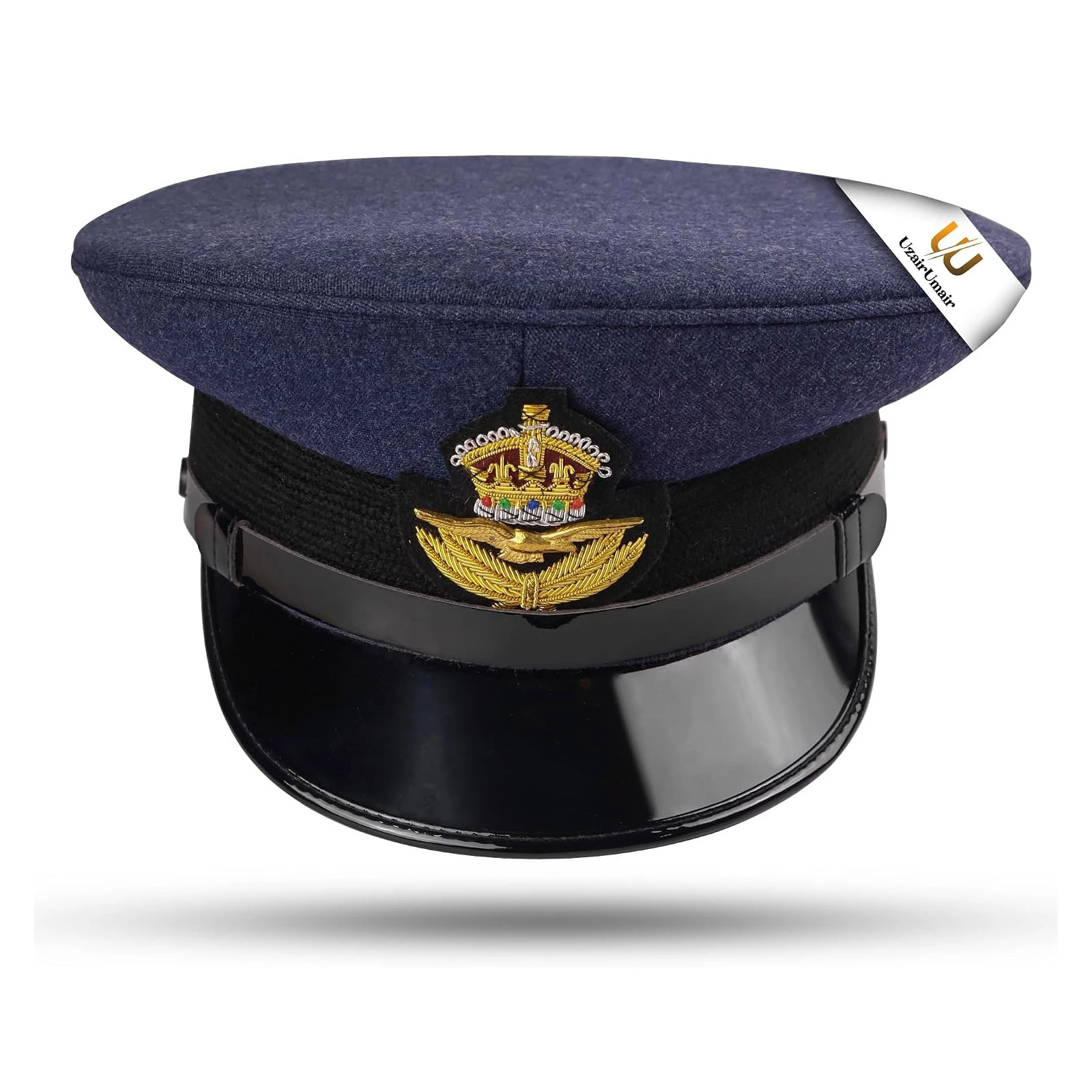 British Royal Airforce Officer Peek Cap, King Crown Hand Embroidered Bullion Badge, Faux Shine Leather Peek