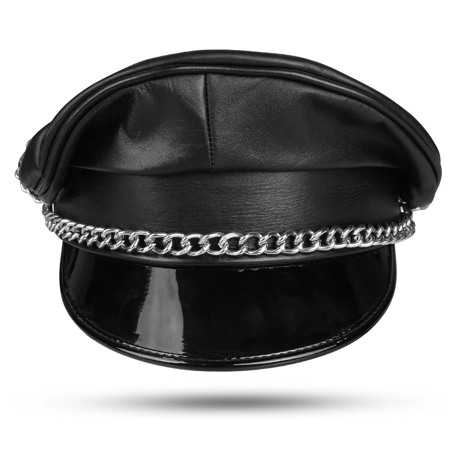 Genuine Real Leather Biker Peaked Cap Hat, Black, Army Muir Style, with Silver Chain