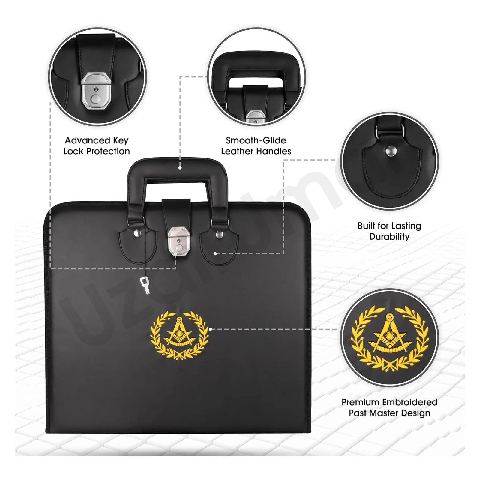 Masonic Past Master Apron Case, 16×18 Inch Faux Leather Bag with Embroidered Logo, Past Master Silk Knitted Tie Set