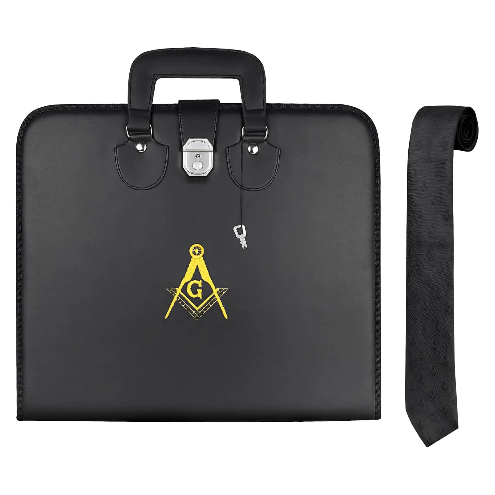 Masonic Master Mason Blue Lodge Apron Case, Faux Leather, 16×18 Inch with Embroidered Logo, Silk Knitted Tie Set