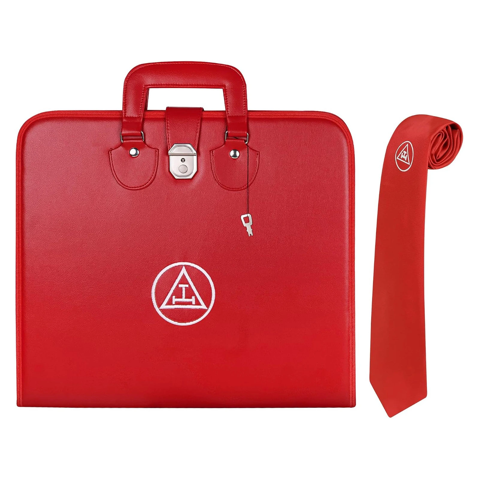 Masonic Royal Arch Apron Case, Faux Leather, White Embroidered Logo, 18×16 Inch with Knitted Silk Tie Premium Look