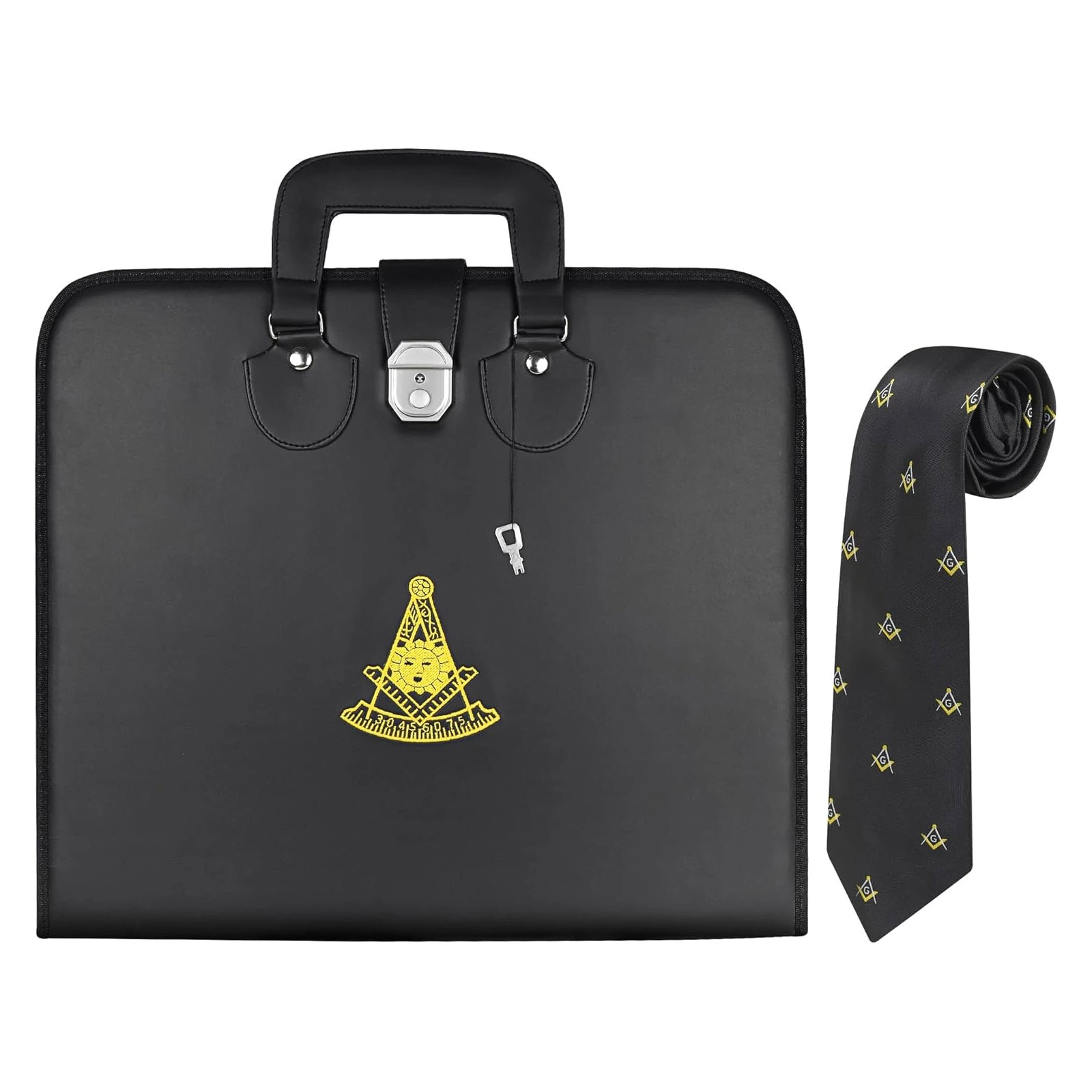 Masonic Past Master Apron Case, 16×18 Inch Faux Leather Bag with Embroidered Logo, Silk Knitted Tie Set