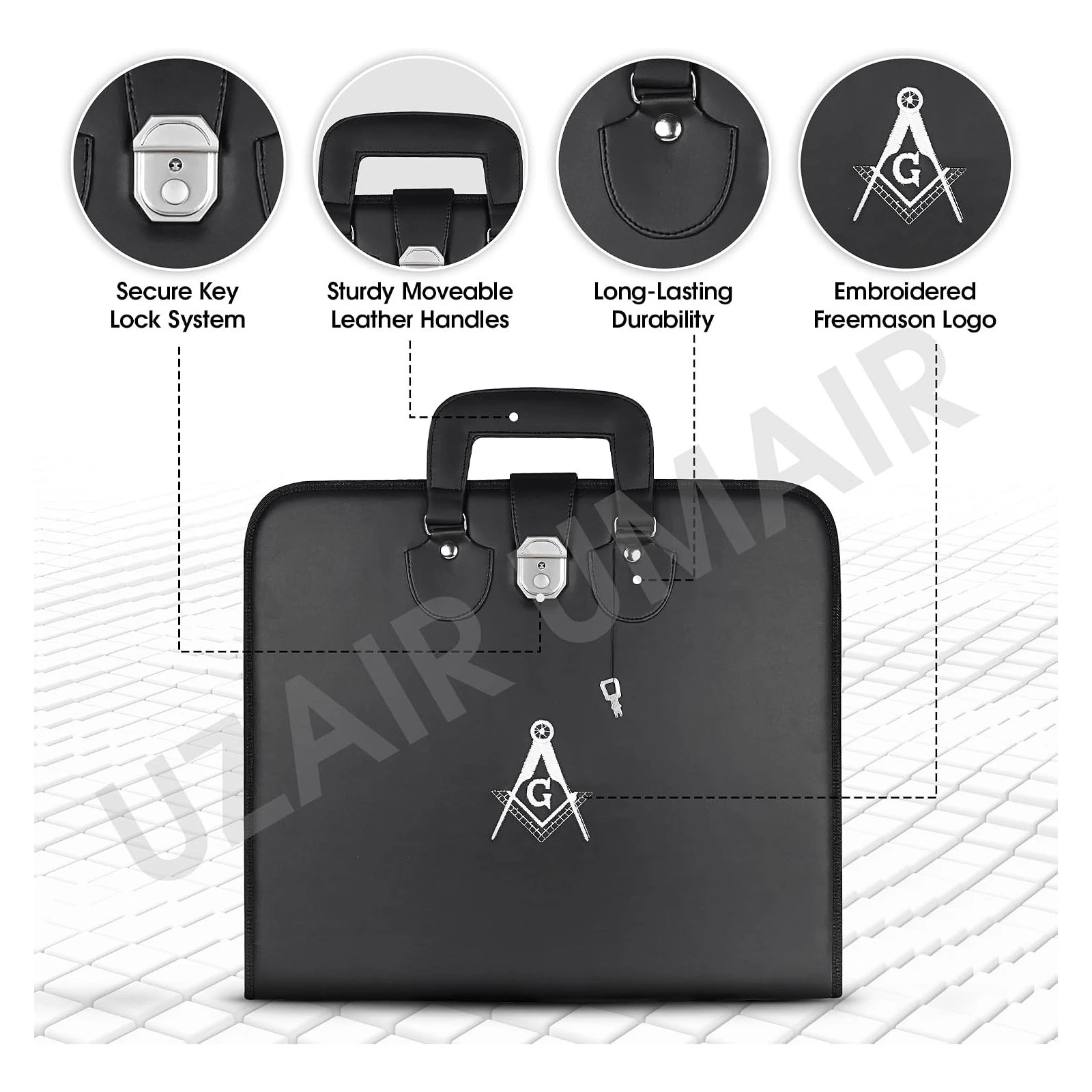 Masonic Master Mason Blue Lodge Apron Case, Faux Leather, 16×18 Inch white square and compass Embroidered Logo, Silk Knitted Tie Set