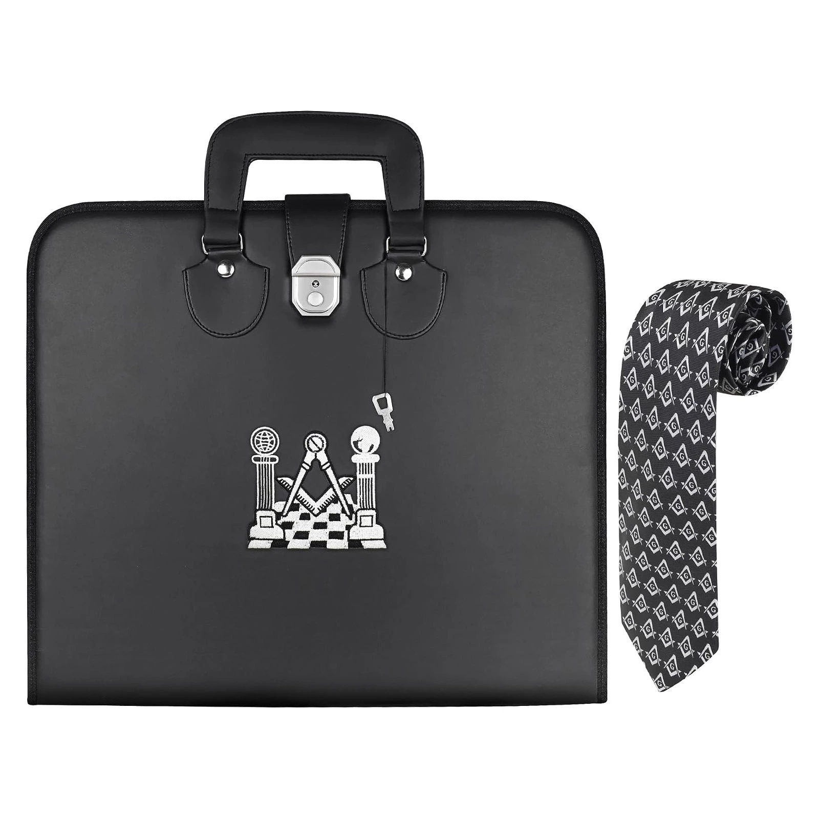 Masonic Master Mason Faux Leather Apron Case with Embroidered Logo, Black, 16×18 Inches, with Knitted Silk Tie