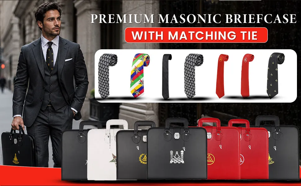 Masonic Past Master Apron Case, 16x18 Inch Faux Leather Bag with Embroidered Logo, Silk Knitted Tie Set