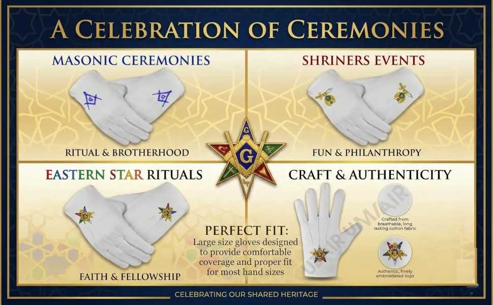 Masonic Blue Gold Square And Compass Large Cotton Embroidered Gloves