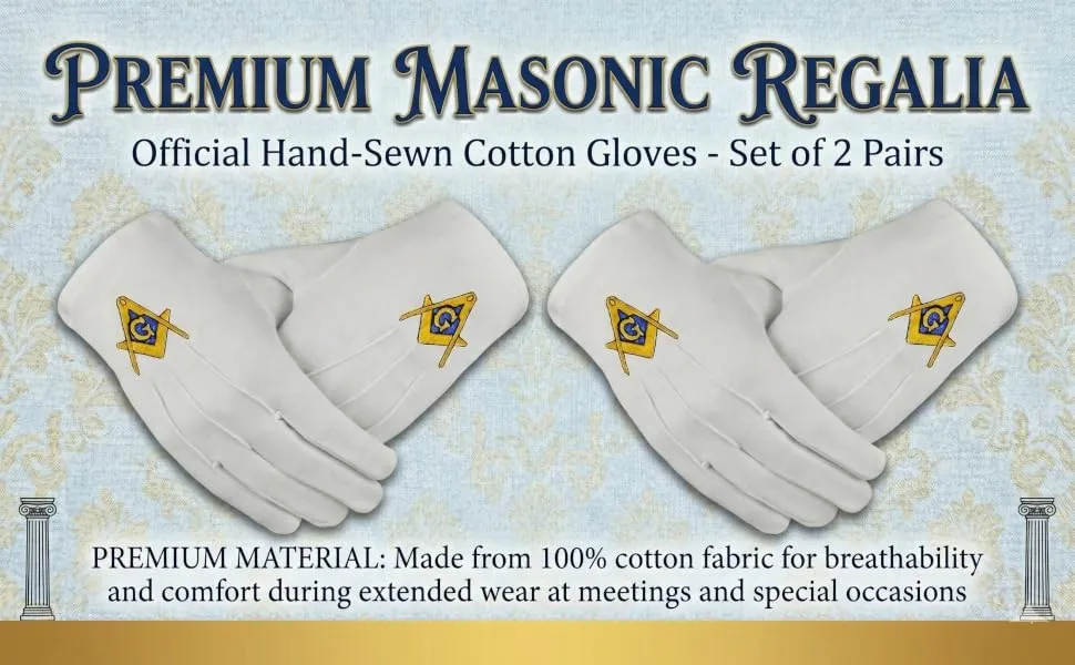 Masonic Blue Gold Square And Compass Large Cotton Embroidered Gloves
