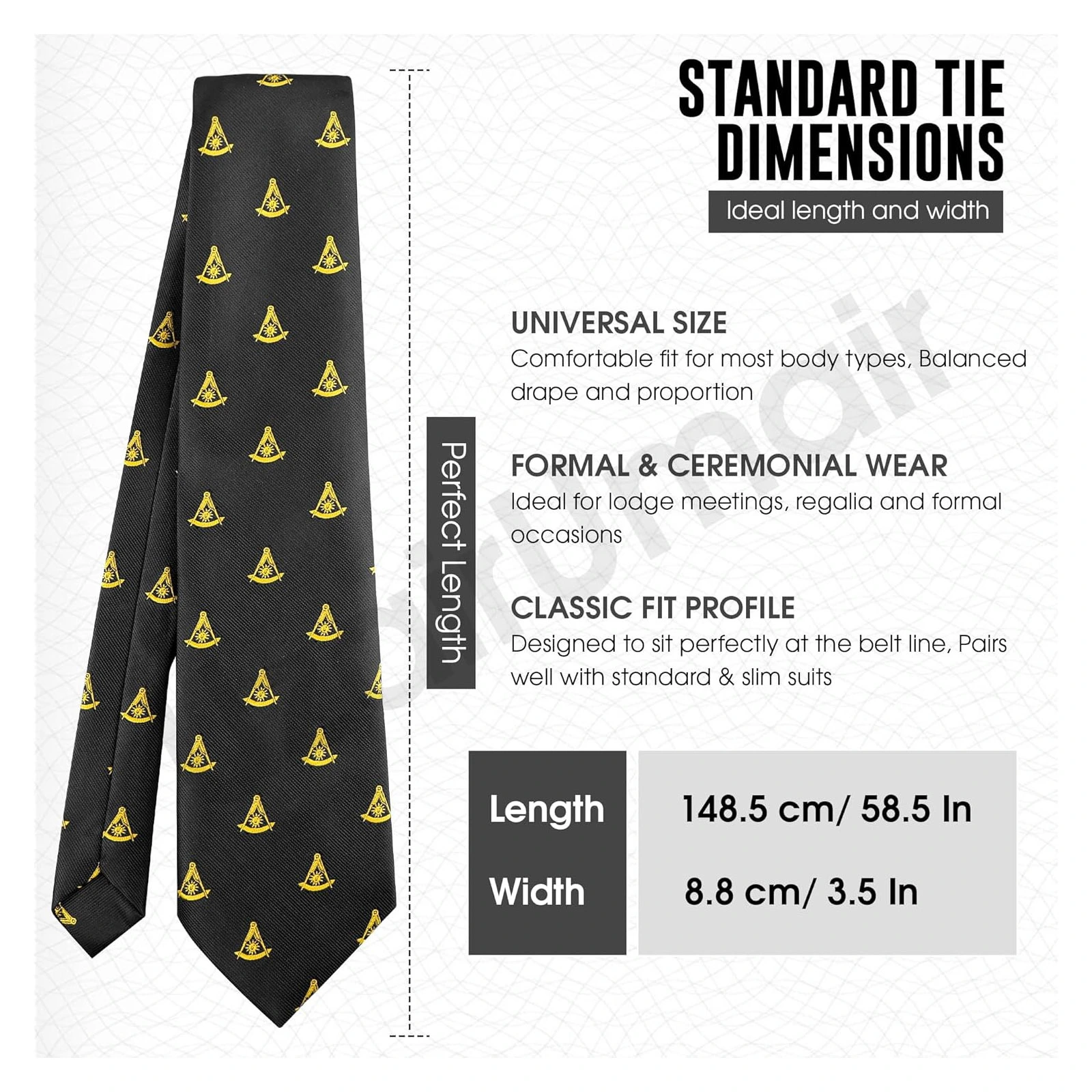 Masonic Regalia Craft Masons Past Master Black Gold Neck knitted Woven Silk Tie