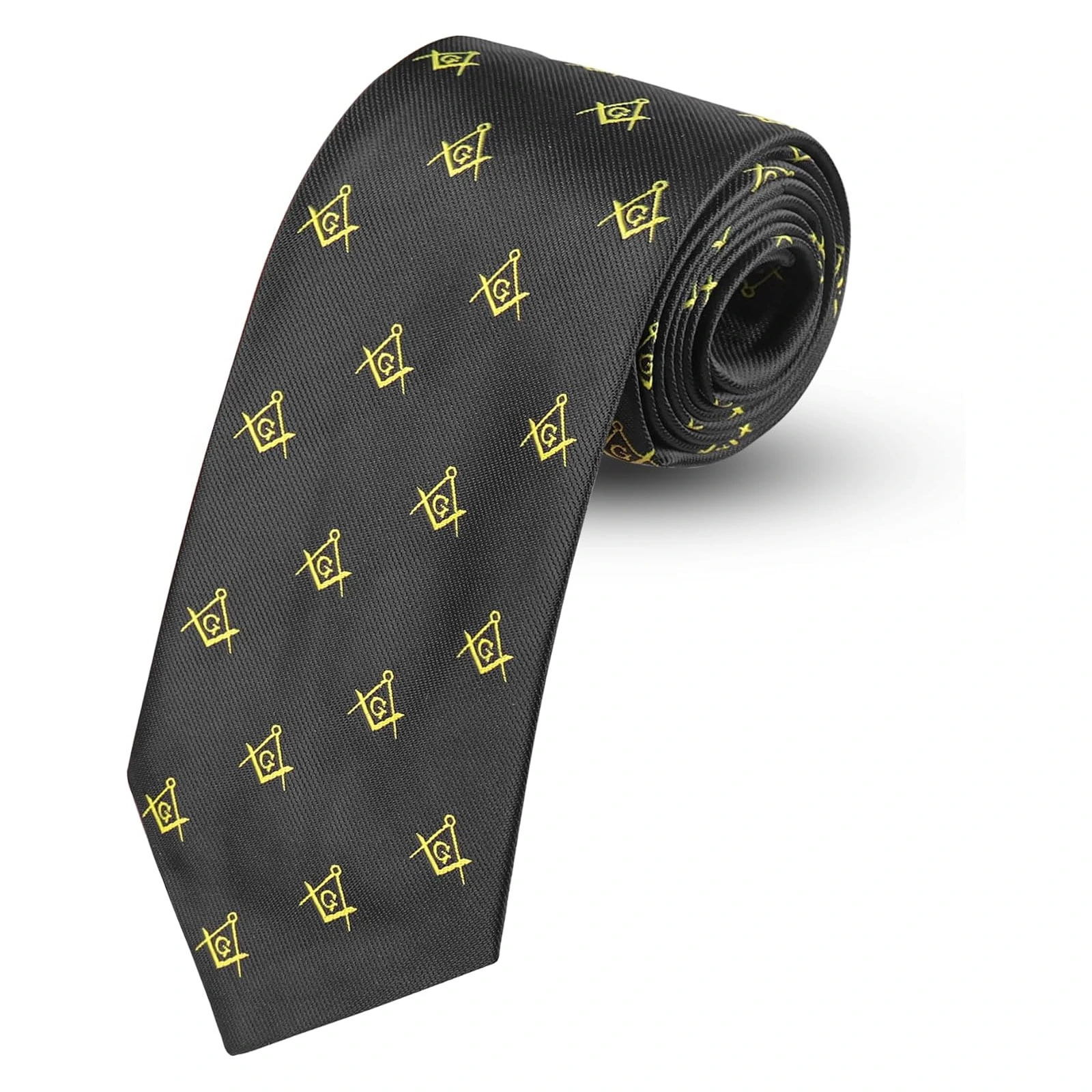 Masonic Regalia Craft Masons Black Neck knitted Woven Silk Tie with square and compass Yellow